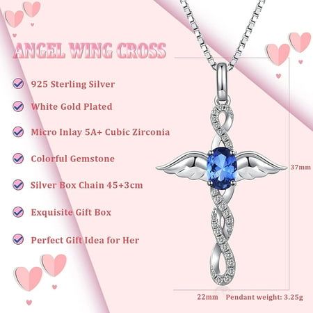 ZDaoBen Angel Wing Cross Necklace 925 Sterling Silver Infinity Cross Pendant Birthstone Cubic Zirconia Necklace CZ Diamond Cross Jewelry Baptism Gift for Women,Girls Come with Gift Box